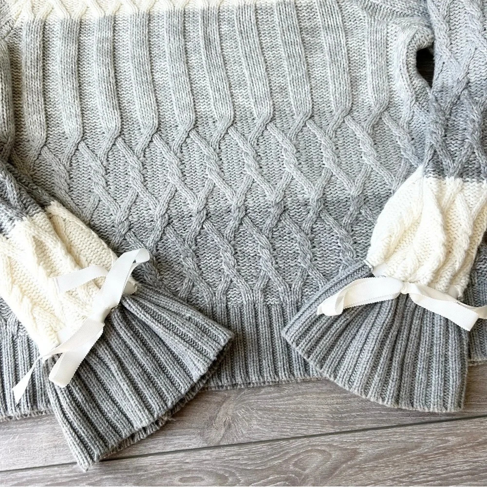 Max Studio Colour  Block Wool Blend Cable Knit Ruffle Sleeve Sweater - Picture 9 of 13